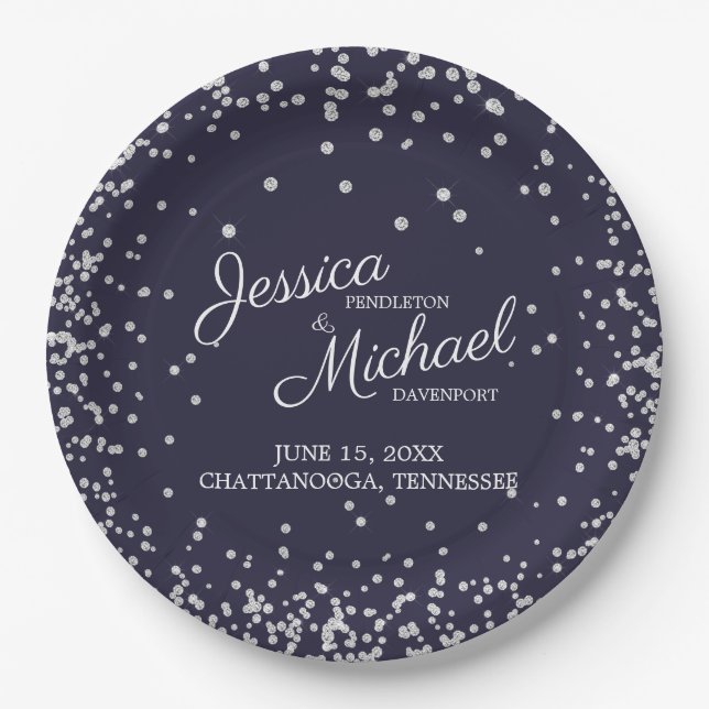 Assiettes En Carton Mariage élégant bleu marine argent diamant paillet (Devant)