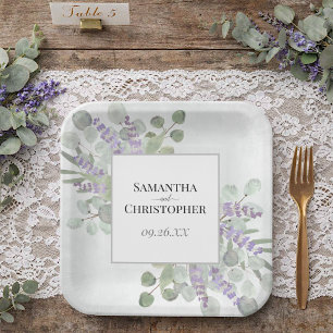 Assiettes En Carton Mariage Élégant Bohème Rustique Lavande & Eucalypt