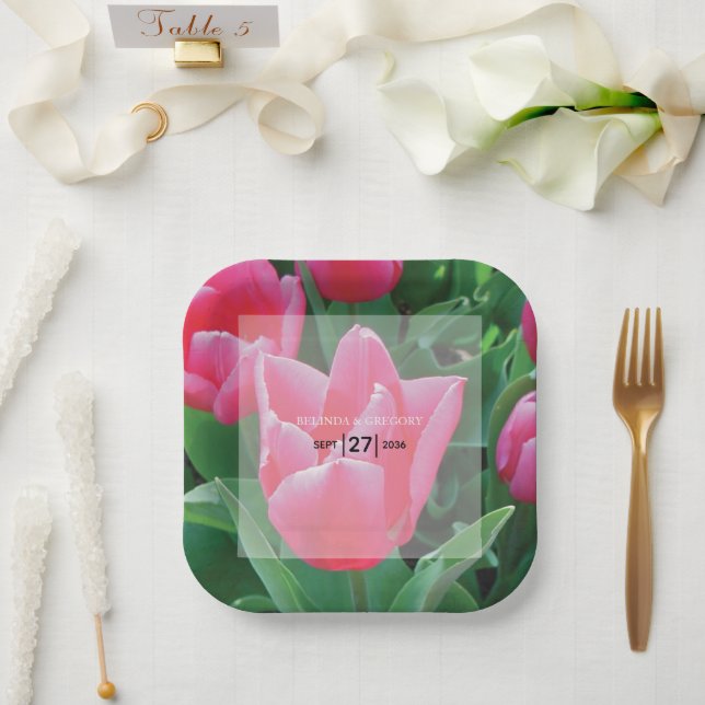 Assiettes En Carton Mariage élégant de tulipes roses (Mariage)