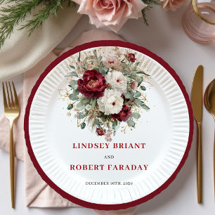 Assiettes En Carton Mariage élégant eucalyptus floral rouge profond or