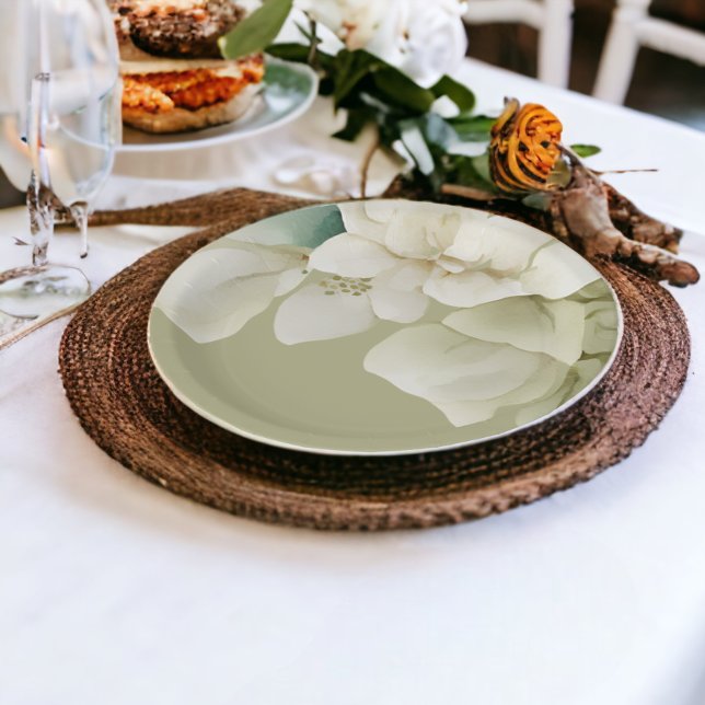 Assiettes En Carton Mariage élégant feuillage vert atténué (Elegant Wedding Foliage Muted Green Paper Plates from Ricaso)