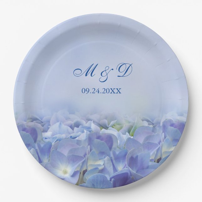 Assiettes En Carton Mariage élégant Hydrangea Blue Florals (Devant)