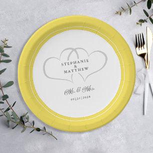 Assiettes En Carton Mariage élégant M & Mme Coeurs blancs jaunes