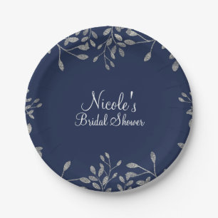 Assiettes En Carton Mariage élégant moderne botanique bleu et argent