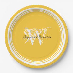 Assiettes En Carton Mariage Élégant Monogramme Jaune Et Blanc Sunny