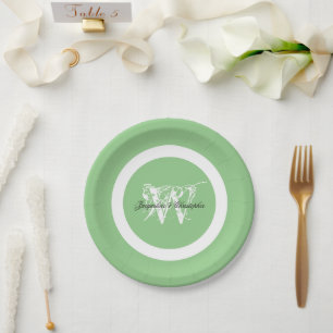 Assiettes En Carton Mariage Élégant Monogramme Nom Chic Pastel Vert