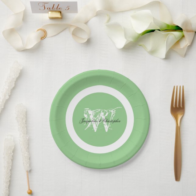 Assiettes En Carton Mariage Élégant Monogramme Nom Chic Pastel Vert (Mariage)