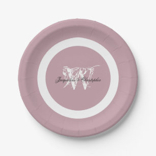 Assiettes En Carton Mariage Élégant Rose Poussiéreux Chic Monogramme B
