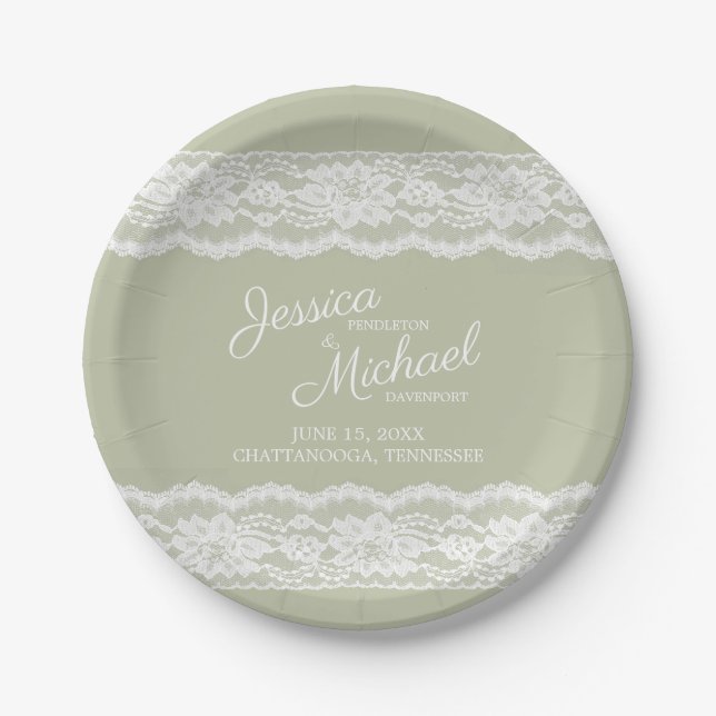 Assiettes En Carton Mariage Élégant Vert Sauge Blanc Dentelle (Devant)