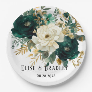 Assiettes En Carton Mariage Emerald Green et White Gold Peonies