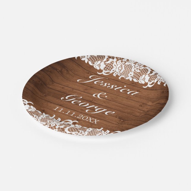 Assiettes En Carton Mariage en bois rustique et dentelle blanche (Angle)
