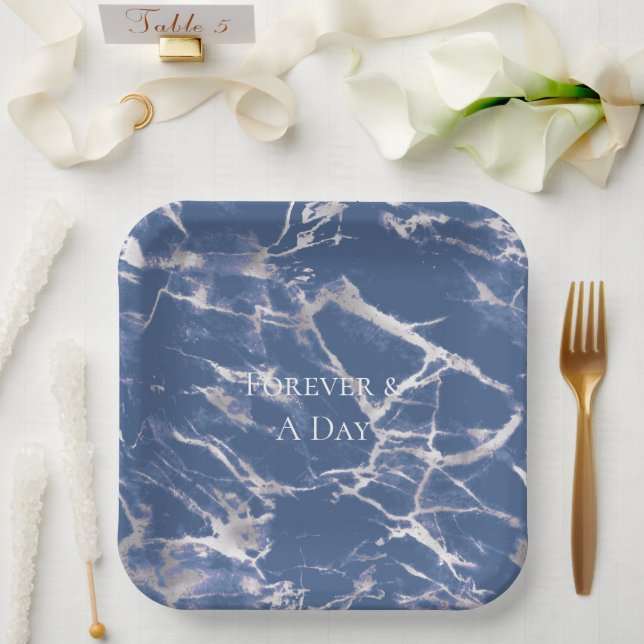 Assiettes En Carton Mariage en marbre bleu argenté (Mariage)