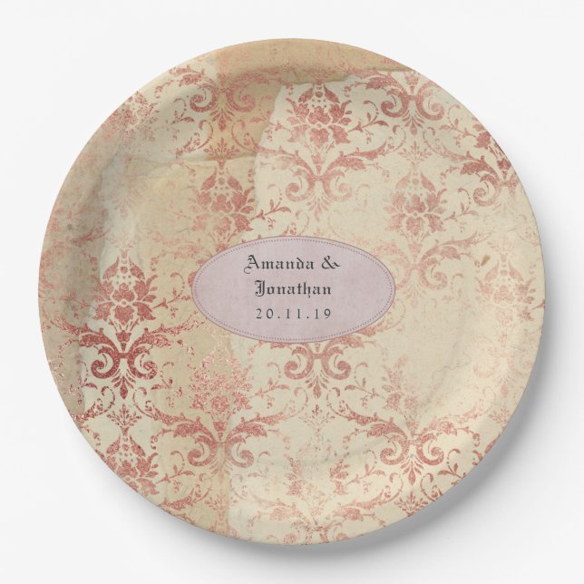 Assiettes En Carton Mariage en Rose Gold Damassé en Distress (Devant)
