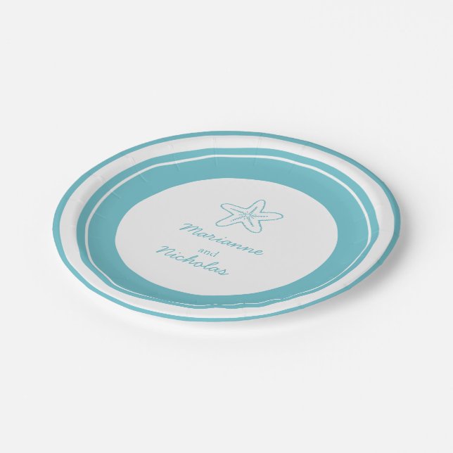 Assiettes En Carton Mariage étoile de mer aqua blanc papier personnali (Angle)