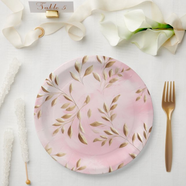 Assiettes En Carton Mariage Feuille Blush Pink Gold (Mariage)