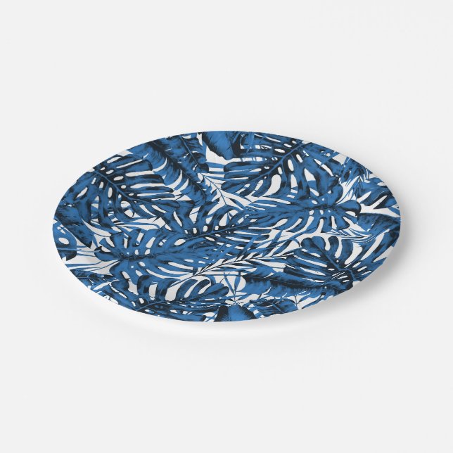 Assiettes En Carton Mariage Feuille  Denim Blue Tropical Palm (Angle)