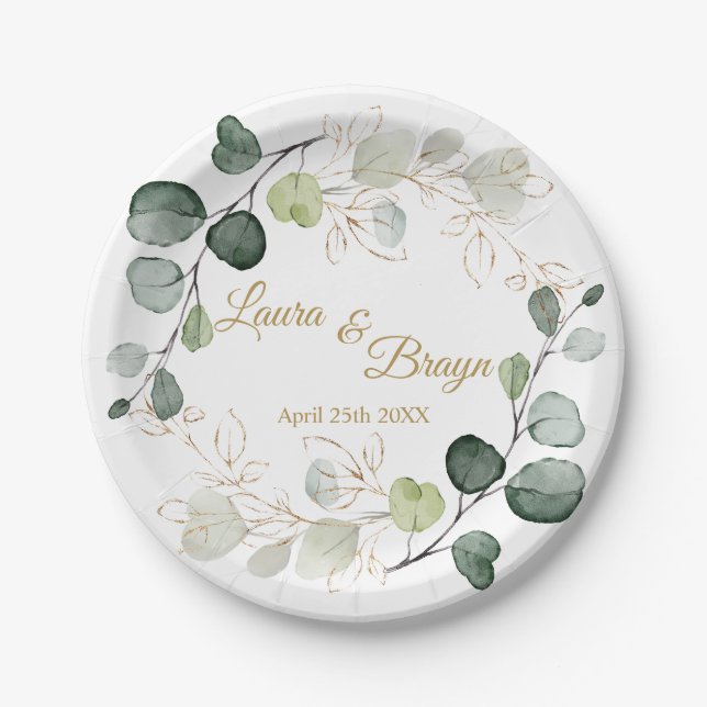 Assiettes En Carton Mariage Feuille d'or Eucalyptus Foliage (Devant)