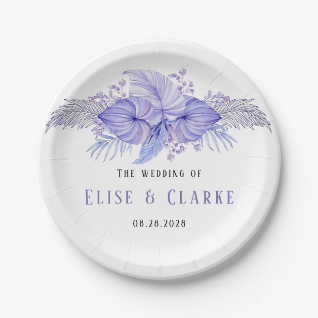 Assiettes En Carton Mariage Feuille Tropical Blue and Purple Palm (Devant)