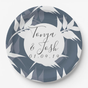 Assiettes En Carton Mariage Feuilles de Jardin Navy Silohuette