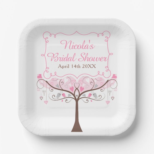 Assiettes En Carton Mariage Fleur Rose Oiseau Fête de Fiançailles  (Recto)