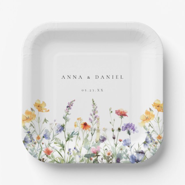 Assiettes En Carton Mariage Fleur sauvage d'aquarelle dynamique (Recto)