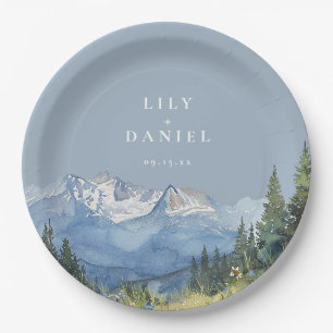 Assiettes En Carton Mariage Fleur sauvage Dusty Blue Watercolor Mounta