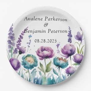 Assiettes En Carton Mariage Fleur sauvage turquoise et violette