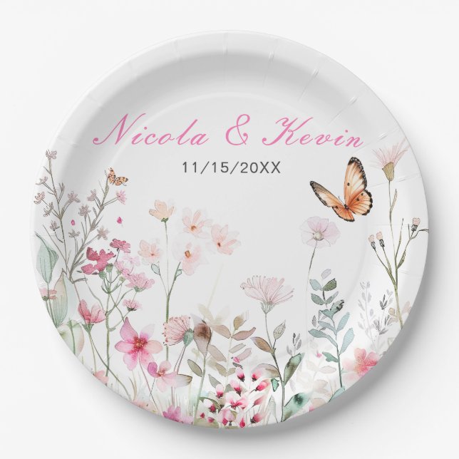 Assiettes En Carton Mariage floral à papillon rose profond du printemp (Devant)