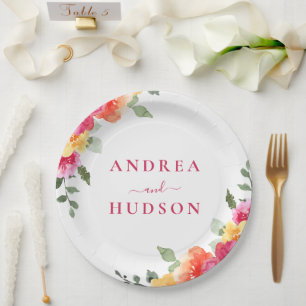 Assiettes En Carton Mariage Floral Aquarelle Rose Vibrant