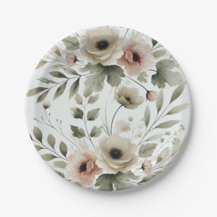 Assiettes En Carton Mariage floral aquarelle vert olive kaki