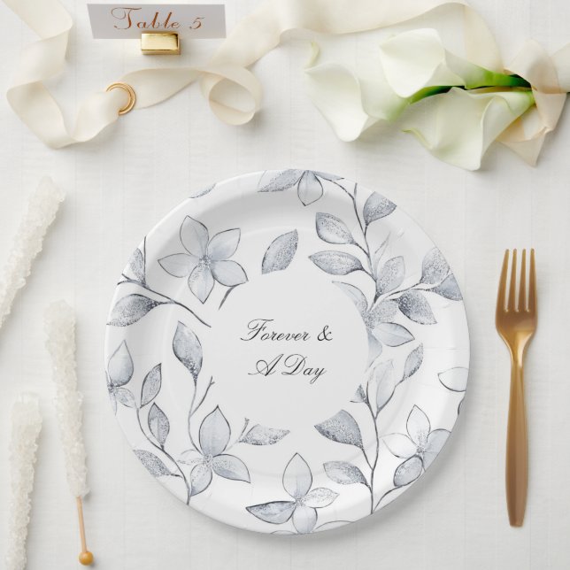 Assiettes En Carton Mariage floral blanc argenté (Mariage)
