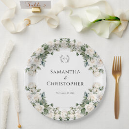 Assiettes En Carton Mariage floral blanc et vert