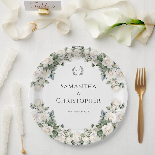 Assiettes En Carton Mariage floral blanc et vert (Mariage)