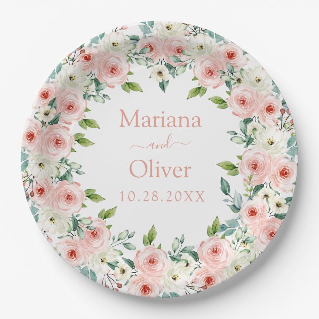 Assiettes En Carton Mariage Floral Blanc Pêche (Devant)