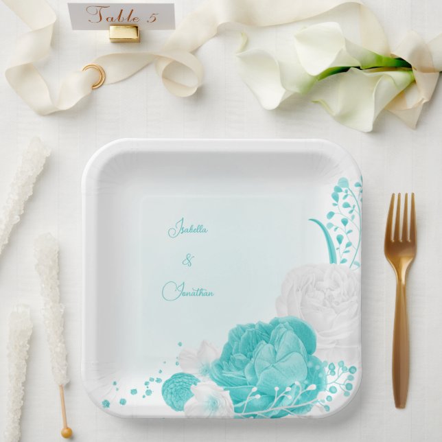 Assiettes En Carton mariage floral blanc turquoise (Mariage)