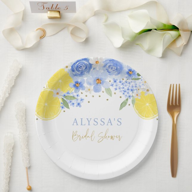 Assiettes En Carton Mariage Floral Bleu Citron Squeeze (Mariage)