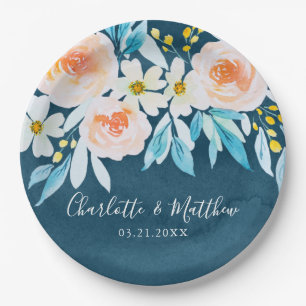 Assiettes En Carton Mariage floral bleu marine moderne
