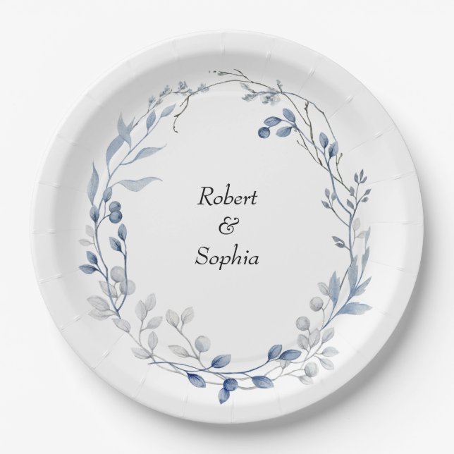 Assiettes En Carton Mariage Floral Bleu Poussiéreux (Devant)