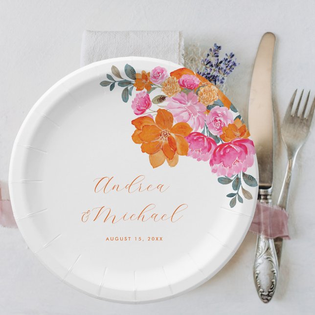 Assiettes En Carton Mariage floral d'été rose et orange vif (Créateur téléchargé)