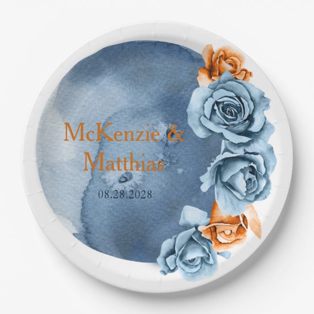 Assiettes En Carton Mariage floral Dusty Blue et Rusty Peony (Devant)