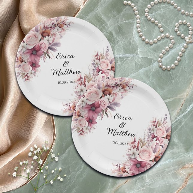 Assiettes En Carton Mariage floral Dusty Rose Boho (Créateur téléchargé)