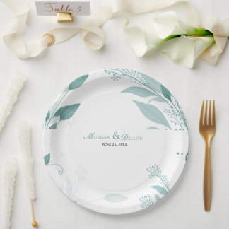 Assiettes En Carton Mariage floral élégant poussiéreux bleu eucalyptus