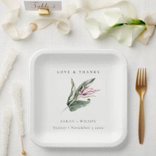 Assiettes En Carton Mariage floral feuillu rose tropical chic