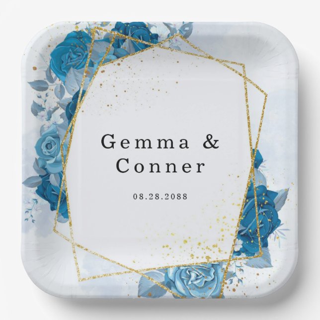 Assiettes En Carton Mariage Floral Géométrique Rustique Bleu Cyan (Recto)