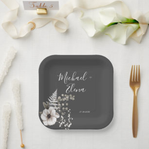 Assiettes En Carton Mariage floral gris foncé et blanc