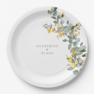 Assiettes En Carton Mariage Floral Jaune & Eucalyptus