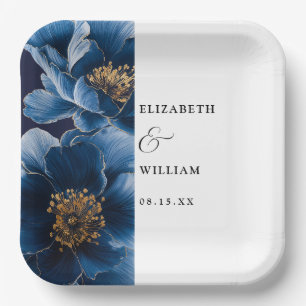 Assiettes En Carton Mariage floral moderne élégant bleu marine