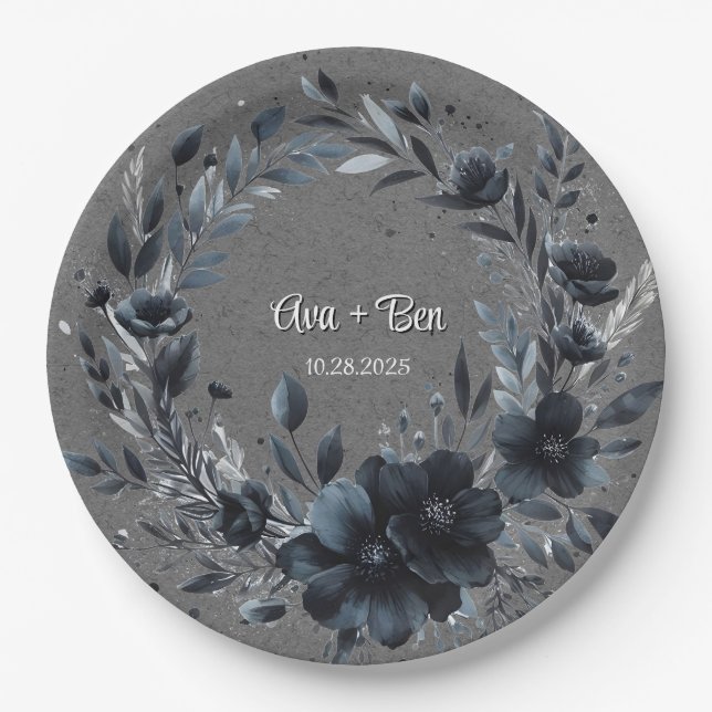 Assiettes En Carton Mariage floral noir gothique (Devant)