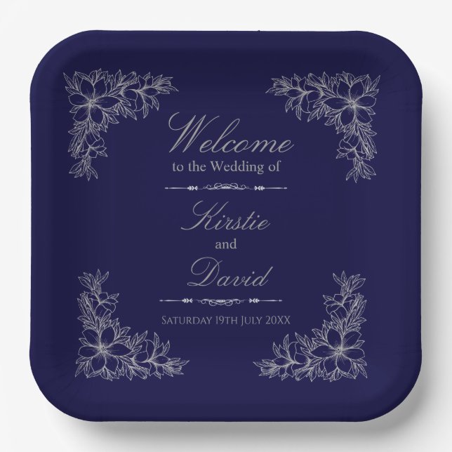 Assiettes En Carton Mariage floral orné d'argent (Recto)