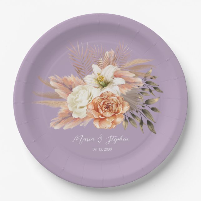 Assiettes En Carton Mariage floral pourpre de pêche (Devant)